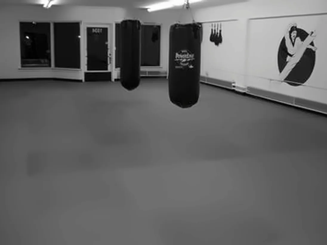 The original Vista Ave martial arts school floor with heavy bags and a kicking mural
