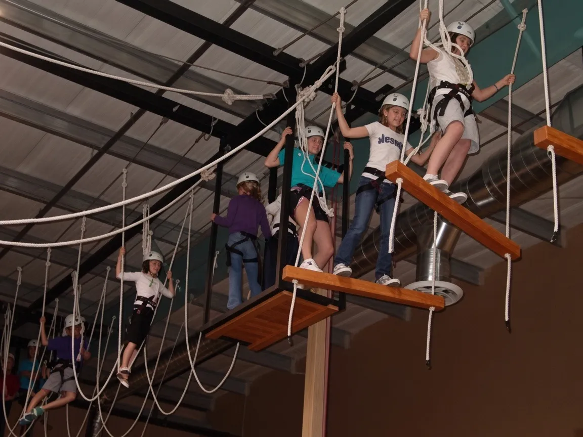 A workplace group clipped into the high ropes course together